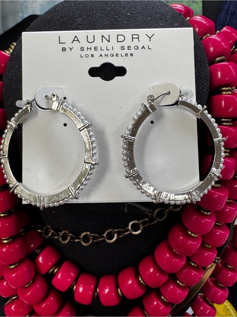 Laundry By Shelli Segal Silver Beaded Hoop Earrings